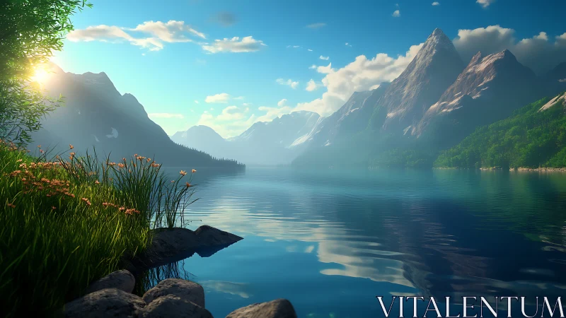 Sunlit mountain lake quietly rehearses a morning symphony