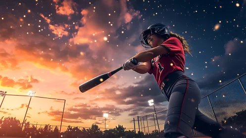 Dynamic low-angle softball swing under illuminated sunset sky
