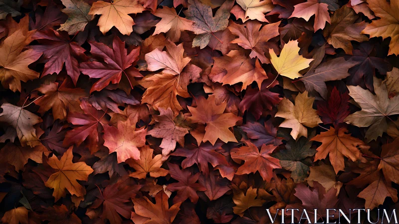 Crimson rustle of fallen autumn maple leaves gathered close.