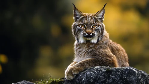 Lynx Portrait with Pointed Ears on Moss-Covered Rock