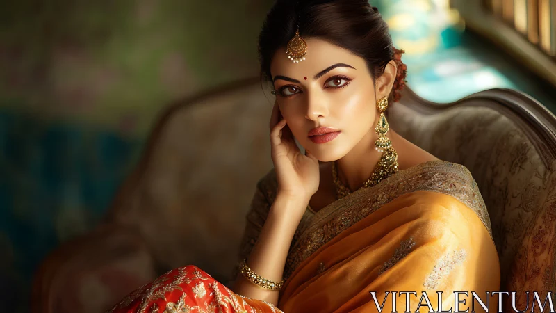 Cinematic portrait of jeweled woman in silk sari, soft bokeh light.