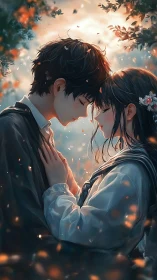 Two anime youths stand forehead to forehead in soft evening light.