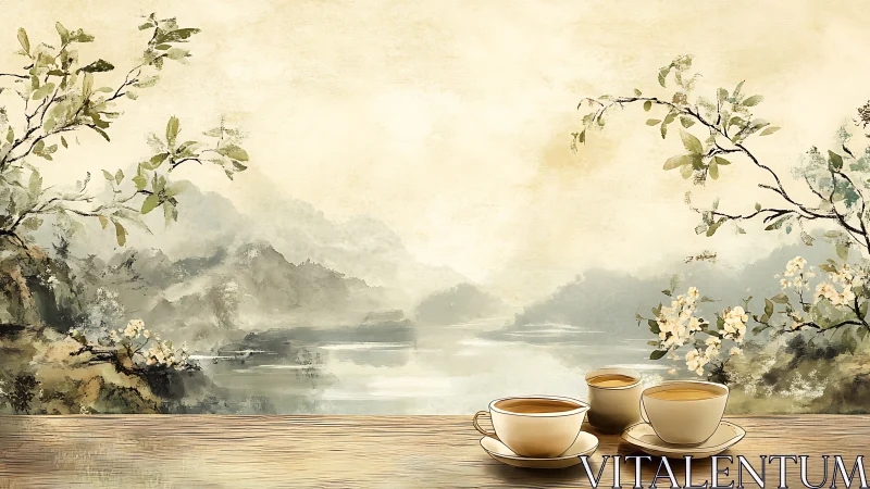 Quiet riverside tea break beneath soft painted blossoms.