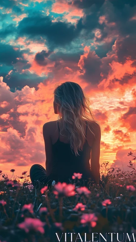 Woman sits in wildflower field under vivid sunset sky