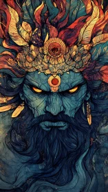 Mythic fire-crowned deity portrait in intricate digital linework.