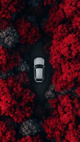 Vehicle positioned within forest canopy viewed from overhead perspective.