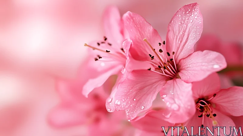 Pink Azalea Blossoms with Dew Droplets in Selective Focus.