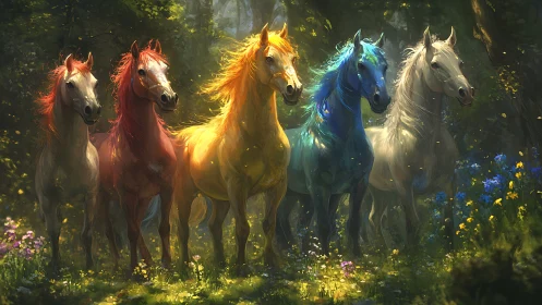 Prismatic horses in enchanted forest light, vivid fantasy herd.