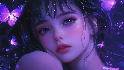 Violet butterflies linger where her midnight thoughts glow