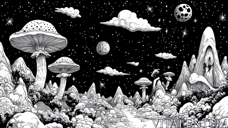 Monochrome extraterrestrial landscape with oversized fungi.