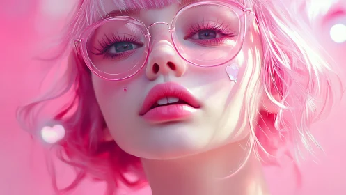 Digital portrait of pink haired subject with round glasses.