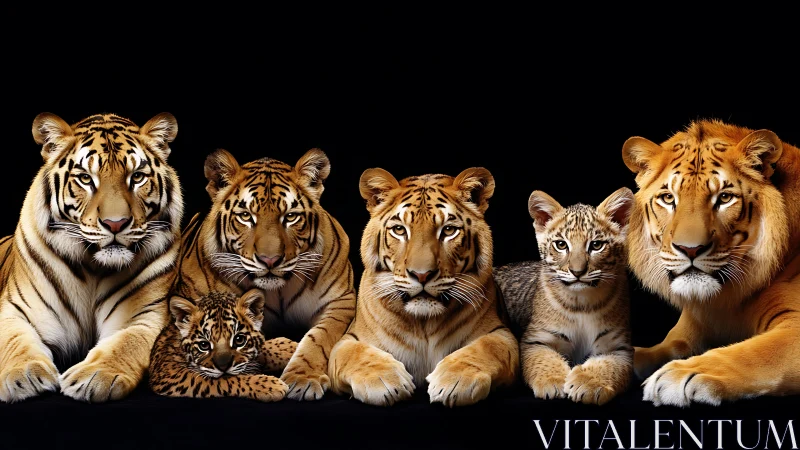 Tiger Family Portrait Against Black Background.