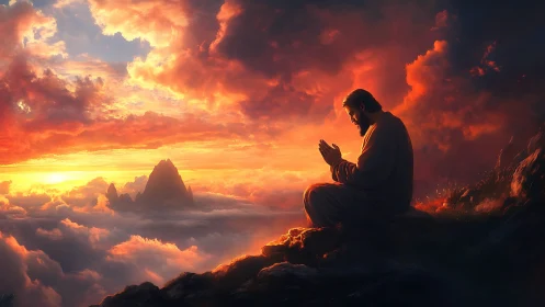Praying figure above clouds under blazing sunset sky.