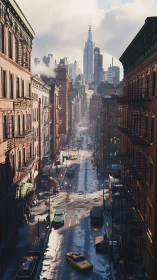 Morning light over wet city street and distant skyline towers.