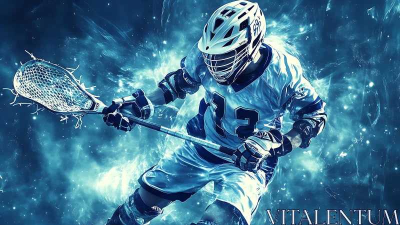 Lacrosse player in blue uniform within abstract energy field.