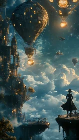 Steampunk aerostat armada over stratified cloud metropolis.