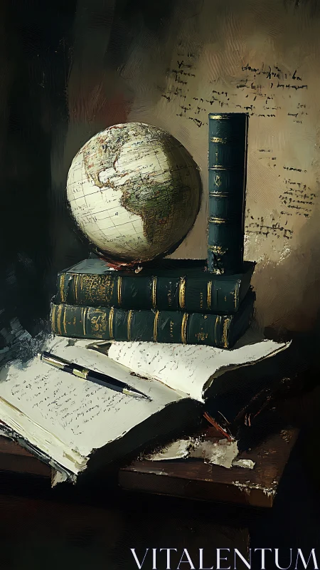 Globe of ink and leathered tomes in painterly quiet light.