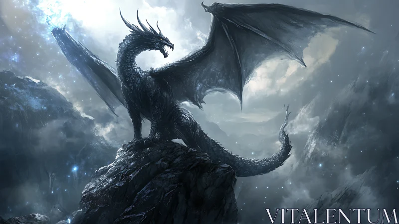 Winged dragon on rocky peak in misty mountainous landscape.