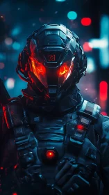 Tactical exosuit soldier with red visor illumination, bokeh city