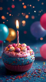 Colorful Birthday Cupcake with Lit Candle and Bokeh Backdrop.