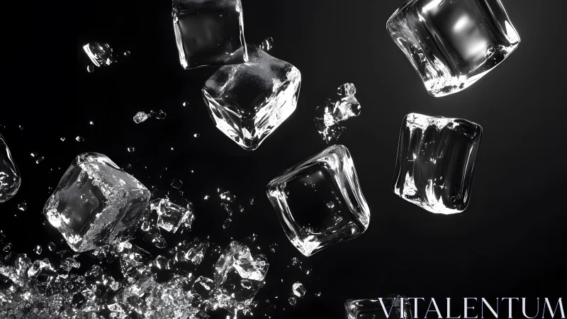 Crystal Clear Ice Cubes in Motion on Black Background, Modern Style.