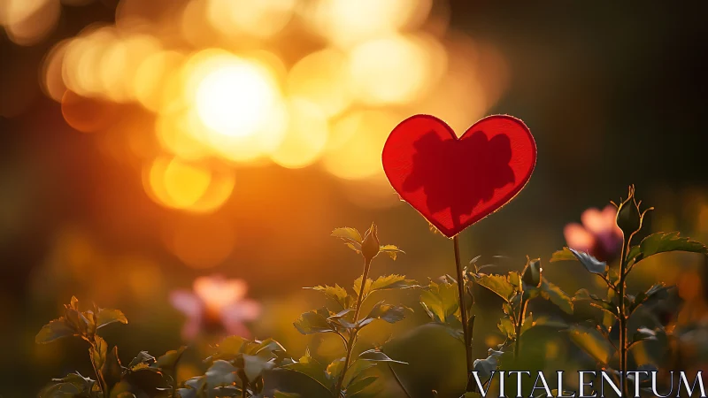 Red Heart-Shaped Lollipop Among Rose Stems at Golden Hour.