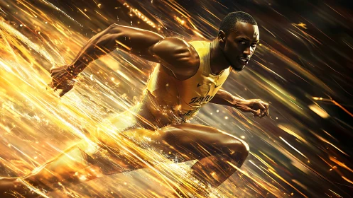 Sprinter bursts through golden energy trails at speed