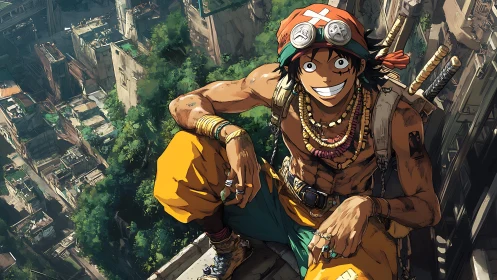 Rooftop rogue grins above a jungle-swallowed megacity