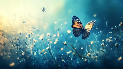 Monarch butterfly glows above dreamy blue wildflower field.