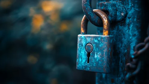 Weathered teal padlock guarding secrets in cold bokeh dusk.