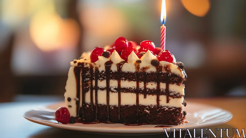 Layered Chocolate Cake with Cherry Garnish and Birthday Candle