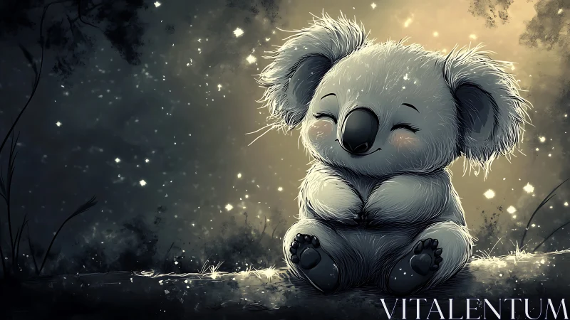 Cute cartoon koala sitting peacefully in glowing night forest.