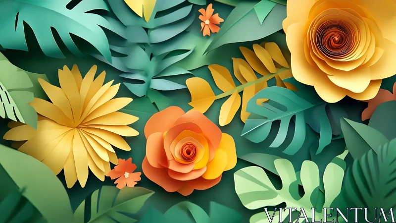 Layered paper flowers form lush tropical botanical collage.