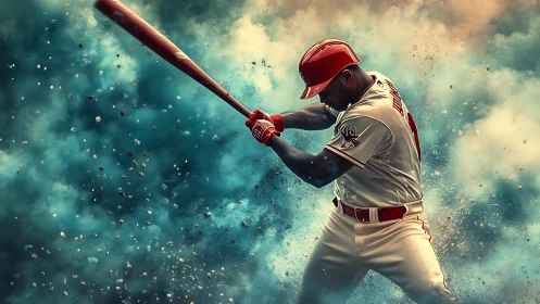Powerful baseball hitter swings amid explosive dust clouds.