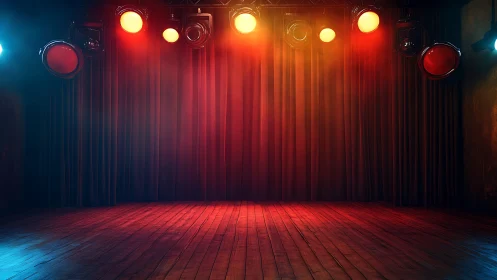 Empty stage glows under restless red and amber spotlights.