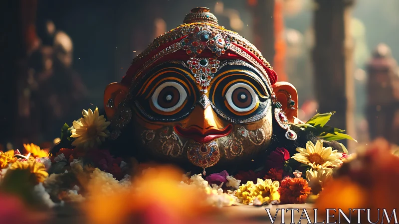 Photorealistic deity mask tableau with floral ceremonial foreground.