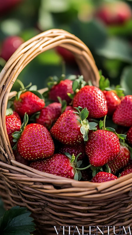 Wicker basket filled with ripe strawberries outdoors.