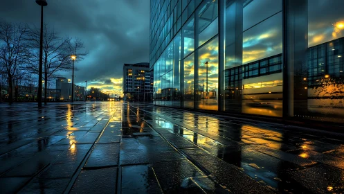 Urban glass facade with wet pavement at dusk reflection.