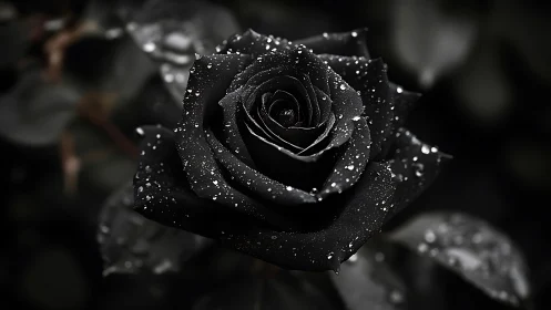Midnight black rose cradling silver raindrops in velvet hush.
