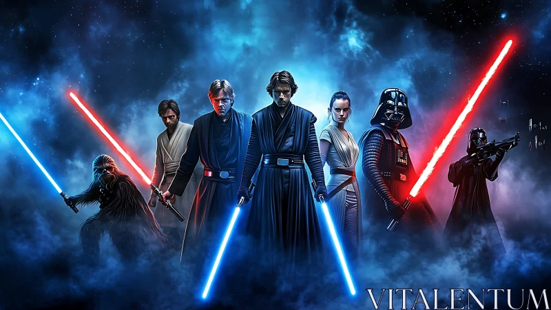 Star warriors with glowing sabers in cinematic space scene.