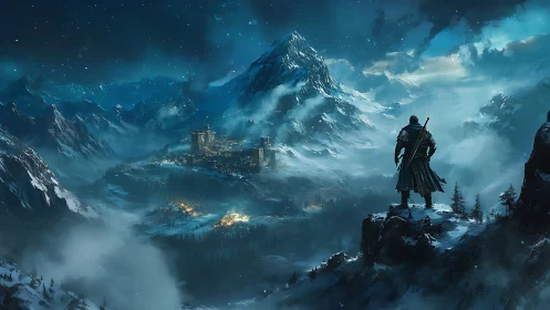 Lone wanderer gazes over a glowing winter fortress valley