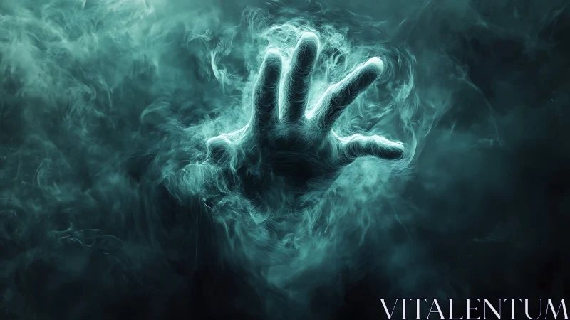 Ethereal spectral hand emerging through turbulent teal mist