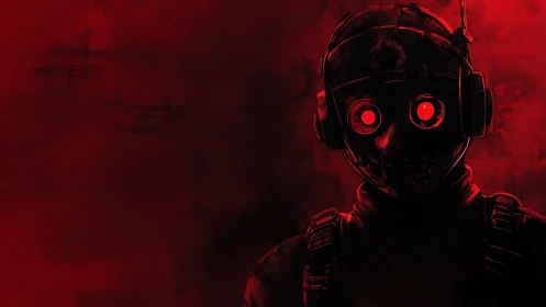 Cybernetic soldier silhouette glows against saturated red void