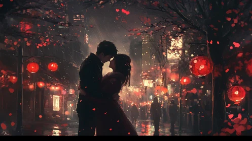 Passionate Romance Beneath Red Lanterns in Urban Night
