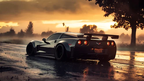 Sleek sports car resting on a glowing sunset roadway.