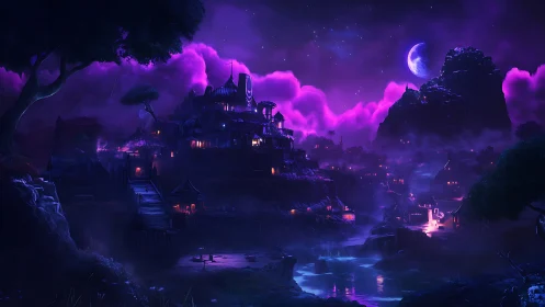 Lunar-illuminated river fortress under bioluminescent nebula sky.