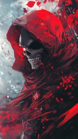 Crimson reaper wrapped in swirling stormborn shadows.