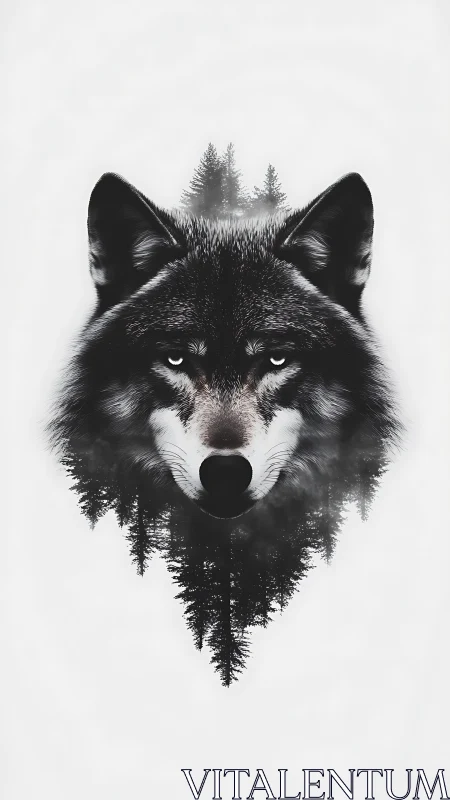 Wolf portrait fused with mirrored pine forest silhouette.