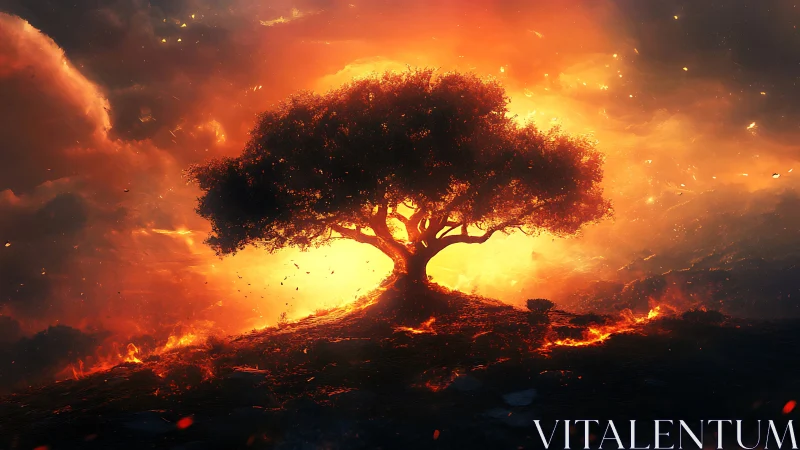 Ancient Tree Silhouette Against Fiery Apocalyptic Sky.