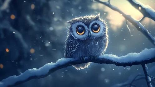 Adorable wide-eyed owl on snowy branch, digital fantasy art style.